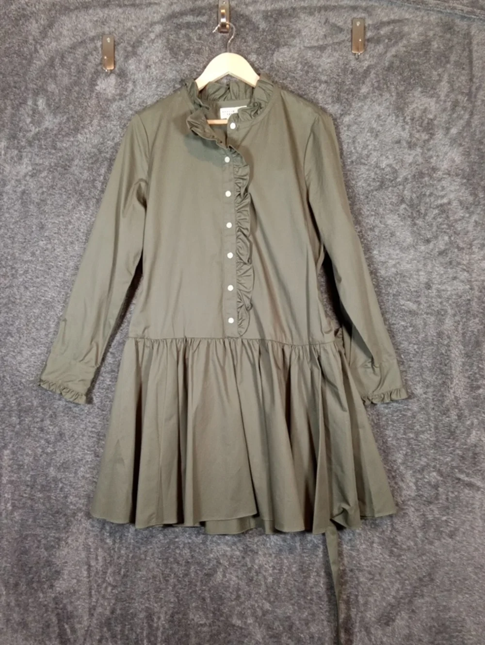 kate spade Broome Street Olive Green Ruffle Neck Poplin Womens Dress Size L